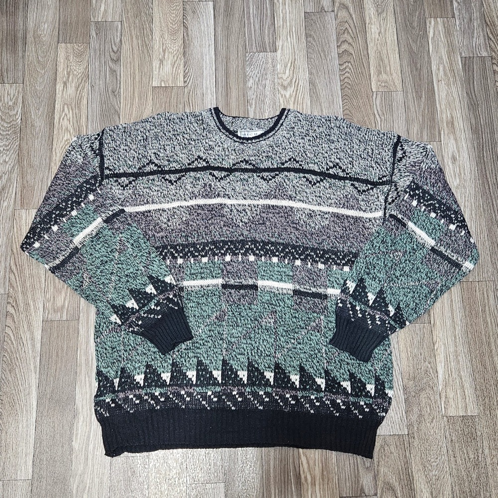 VTG 90s Mens Geometric Knit Sweater Teal Grey Black Crewneck Large grandpa READ